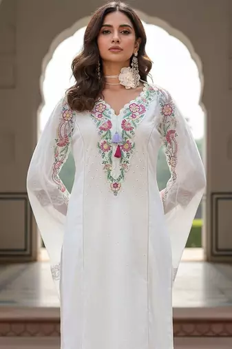 Floral Embroidered Thread Work Pure Cotton Straight Kurta With Trousers & Dupatta