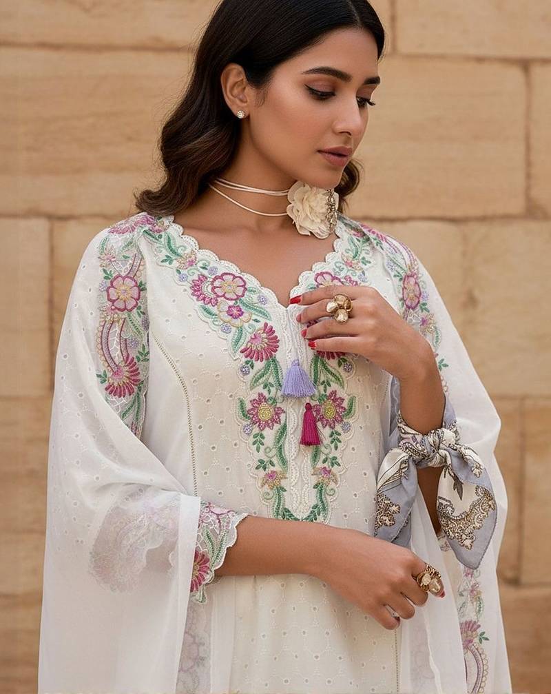 Floral Embroidered Thread Work Pure Cotton Straight Kurta With Trousers & Dupatta