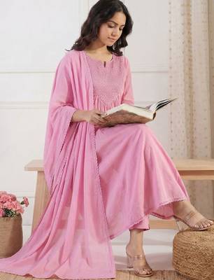 Women Yoke Design Tiered Thread Work Pure Cotton Kurta with Trousers & With Dupatta 1