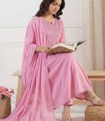 Women Yoke Design Tiered Thread Work Pure Cotton Kurta with Trousers & With Dupatta