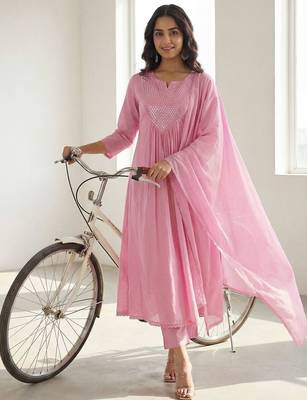 Women Yoke Design Tiered Thread Work Pure Cotton Kurta with Trousers & With Dupatta 2