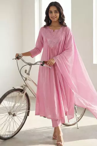 Women Yoke Design Tiered Thread Work Pure Cotton Kurta with Trousers & With Dupatta