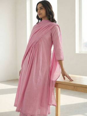 Women Yoke Design Tiered Thread Work Pure Cotton Kurta with Trousers & With Dupatta 3