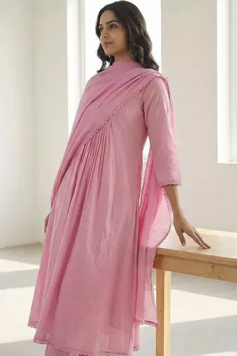 Women Yoke Design Tiered Thread Work Pure Cotton Kurta with Trousers & With Dupatta