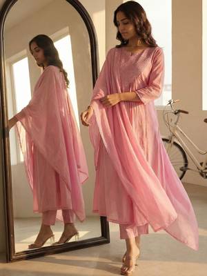 Women Yoke Design Tiered Thread Work Pure Cotton Kurta with Trousers & With Dupatta 4