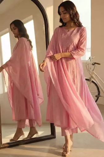 Women Yoke Design Tiered Thread Work Pure Cotton Kurta with Trousers & With Dupatta