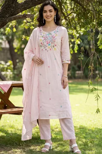 Women Floral Embroidered Regular Thread Work Pure Cotton Kurta with Trousers & With Dupatta
