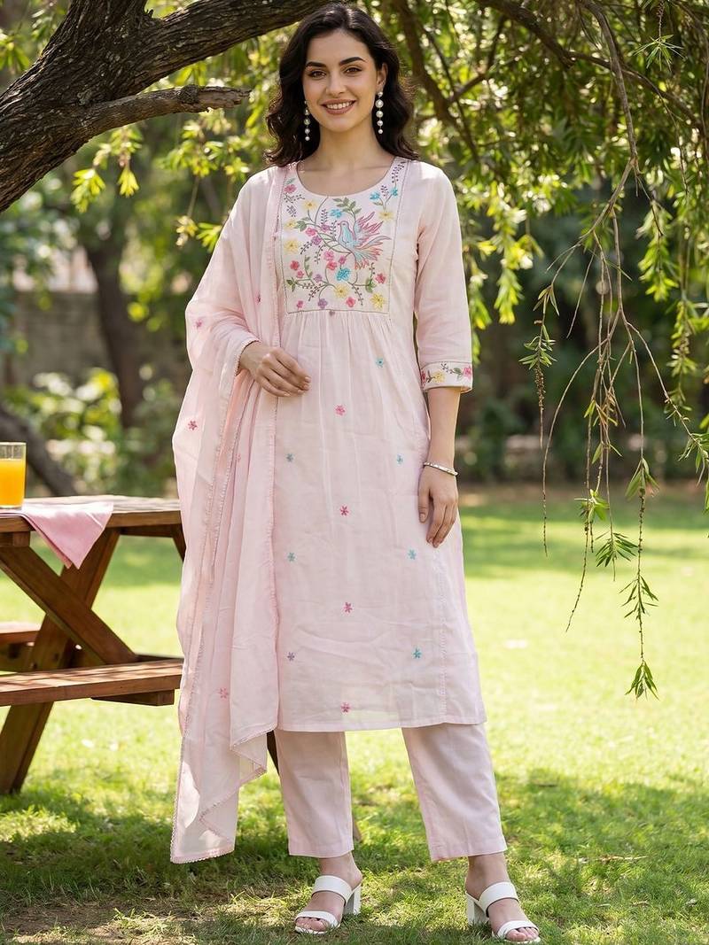 Women Floral Embroidered Regular Thread Work Pure Cotton Kurta with Trousers & With Dupatta