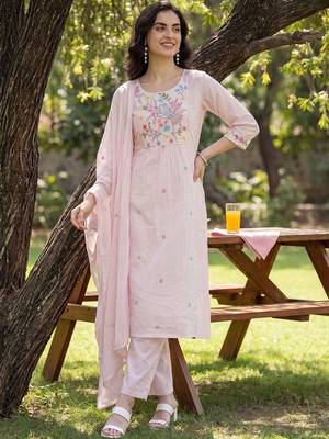 Women Floral Embroidered Regular Thread Work Pure Cotton Kurta with Trousers & With Dupatta 2
