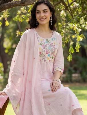 Women Floral Embroidered Regular Thread Work Pure Cotton Kurta with Trousers & With Dupatta 3