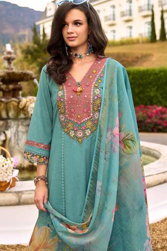 Women Floral Embroidered Regular  Cotton Kurta with Trousers & Dupatta