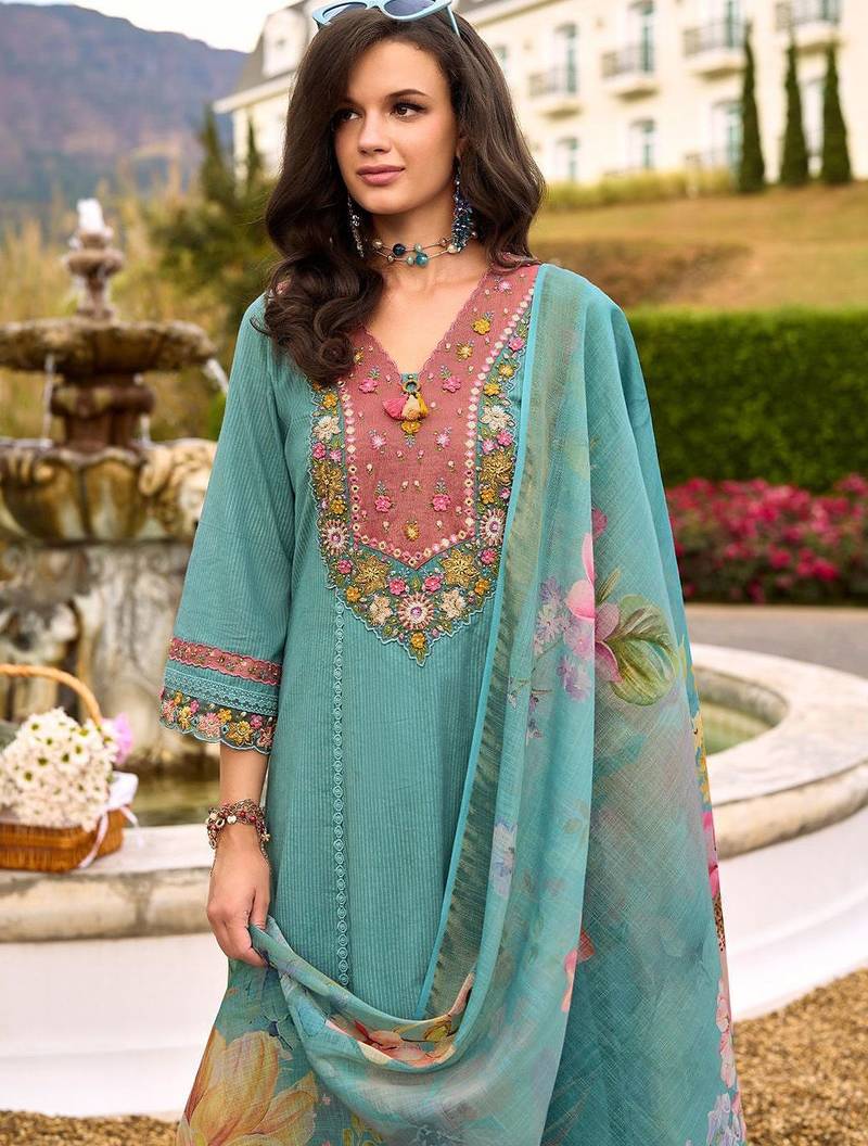 Women Floral Embroidered Regular Pure Cotton Kurta with Trousers & Dupatta