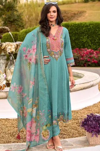 Women Floral Embroidered Regular Pure Cotton Kurta with Trousers & Dupatta
