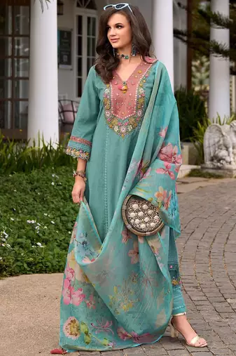 Women Floral Embroidered Regular Pure Cotton Kurta with Trousers & Dupatta