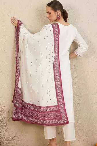 Floral Embroidered V-Neck Pure Cotton Straight Kurta With Trousers & Dupatta