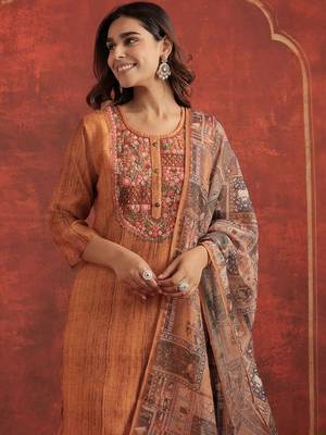Ethnic Motifs Chanderi Cotton Round Neck Straight Kurta With Trousers & Dupatta 1