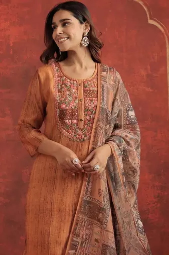 Ethnic Motifs Chanderi Cotton Round Neck Straight Kurta With Trousers & Dupatta