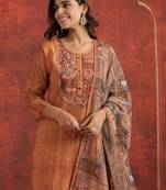 Ethnic Motifs Chanderi Cotton Round Neck Straight Kurta With Trousers & Dupatta