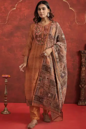Ethnic Motifs Chanderi Cotton Round Neck Straight Kurta With Trousers & Dupatta