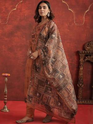 Ethnic Motifs Chanderi Cotton Round Neck Straight Kurta With Trousers & Dupatta 3
