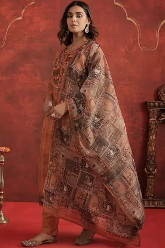 Ethnic Motifs Chanderi Cotton Round Neck Straight Kurta With Trousers & Dupatta