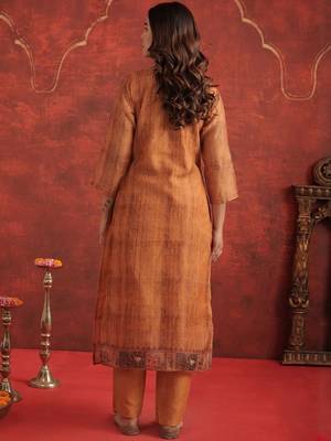 Ethnic Motifs Chanderi Cotton Round Neck Straight Kurta With Trousers & Dupatta 4