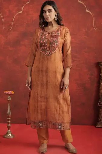 Ethnic Motifs Chanderi Cotton Round Neck Straight Kurta With Trousers & Dupatta