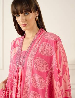 Floral Printed V-Neck Pleated Pure Cotton A-Line Kurta With Trousers & Dupatta 4