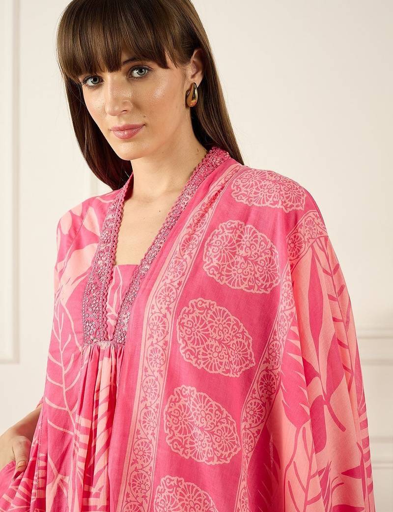 Floral Printed V-Neck Pleated Pure Cotton A-Line Kurta With Trousers & Dupatta