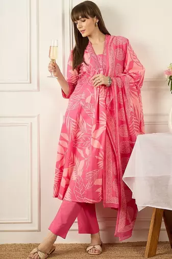 Floral Printed V-Neck Pleated Pure Cotton A-Line Kurta With Trousers & Dupatta
