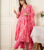 Floral Printed V-Neck Pleated Pure Cotton A-Line Kurta With Trousers & Dupatta
