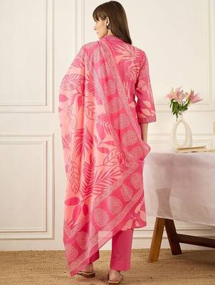 Floral Printed V-Neck Pleated Pure Cotton A-Line Kurta With Trousers & Dupatta 5