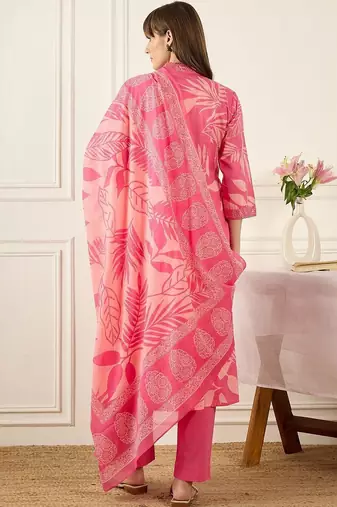 Floral Printed V-Neck Pleated Pure Cotton A-Line Kurta With Trousers & Dupatta