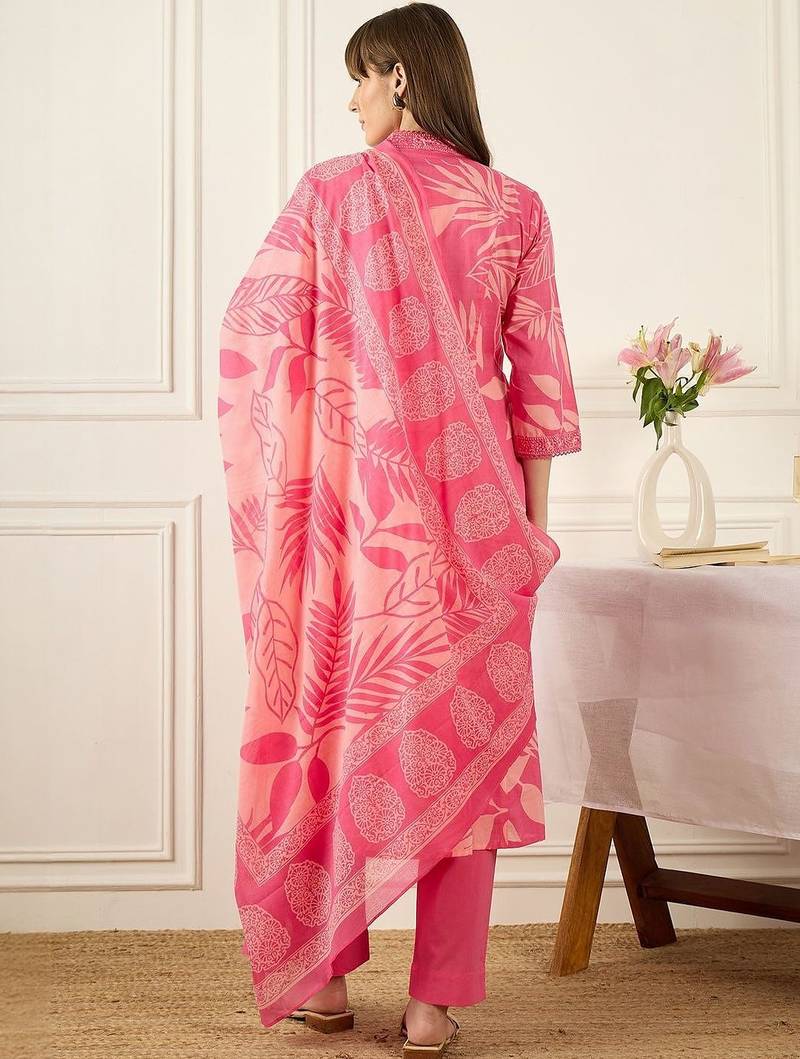 Floral Printed V-Neck Pleated Pure Cotton A-Line Kurta With Trousers & Dupatta