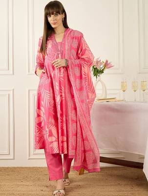 Floral Printed V-Neck Pleated Pure Cotton A-Line Kurta With Trousers & Dupatta 7