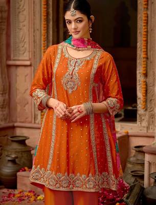 Floral Embroidered Panelled Mirror Work A-Line Kurta With Palazzos & Dupatta 1