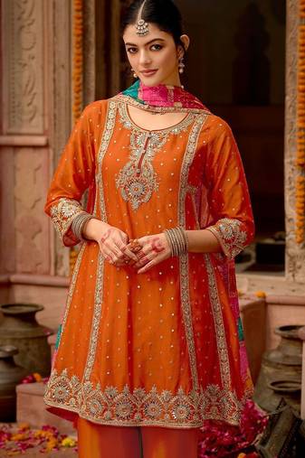 Floral Embroidered Panelled Mirror Work A-Line Kurta With Palazzos & Dupatta