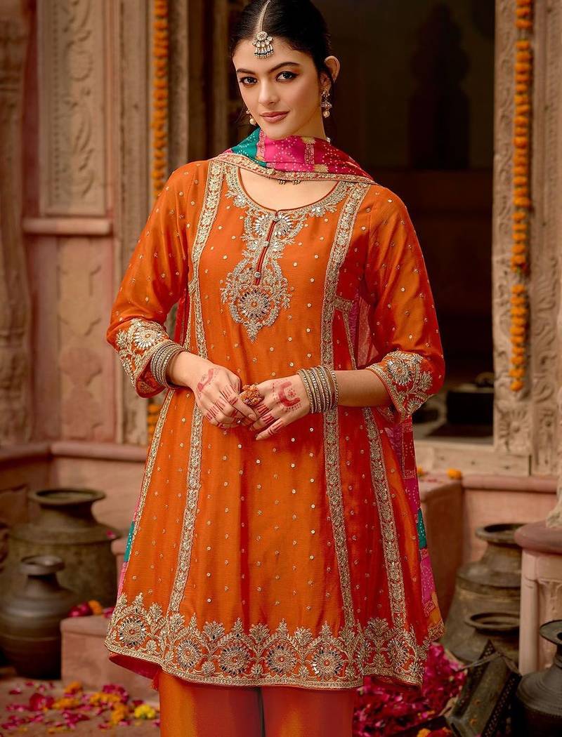 Floral Embroidered Panelled Mirror Work A-Line Kurta With Palazzos & Dupatta