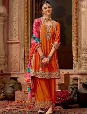Floral Embroidered Panelled Mirror Work A-Line Kurta With Palazzos & Dupatta 2