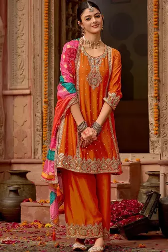 Floral Embroidered Panelled Mirror Work A-Line Kurta With Palazzos & Dupatta