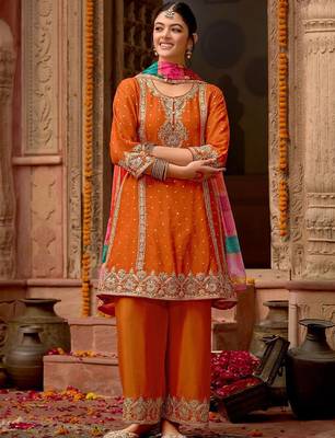 Floral Embroidered Panelled Mirror Work A-Line Kurta With Palazzos & Dupatta 4