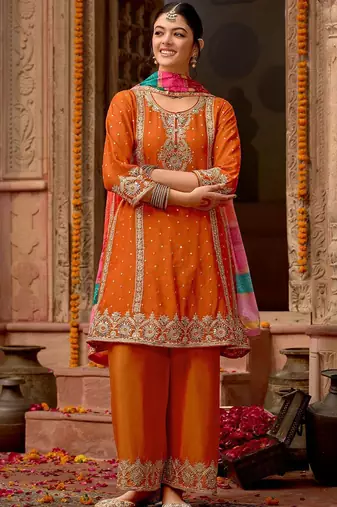 Floral Embroidered Panelled Mirror Work A-Line Kurta With Palazzos & Dupatta