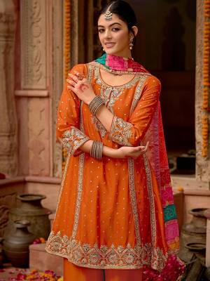Floral Embroidered Panelled Mirror Work A-Line Kurta With Palazzos & Dupatta 5