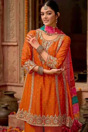 Floral Embroidered Panelled Mirror Work A-Line Kurta With Palazzos & Dupatta