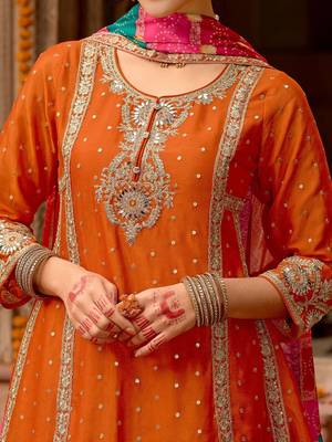 Floral Embroidered Panelled Mirror Work A-Line Kurta With Palazzos & Dupatta 6