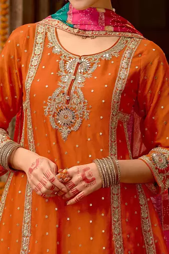 Floral Embroidered Panelled Mirror Work A-Line Kurta With Palazzos & Dupatta