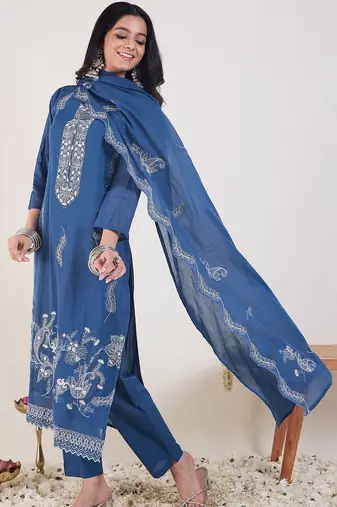 Ethnic Motifs Embroidered Thread Work Pure Cotton Kurta With Trousers & Dupatta
