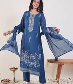 Ethnic Motifs Embroidered Thread Work Pure Cotton Kurta With Trousers & Dupatta