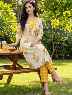 Women Floral Printed Regular Pure Cotton Kurta with Trousers 1