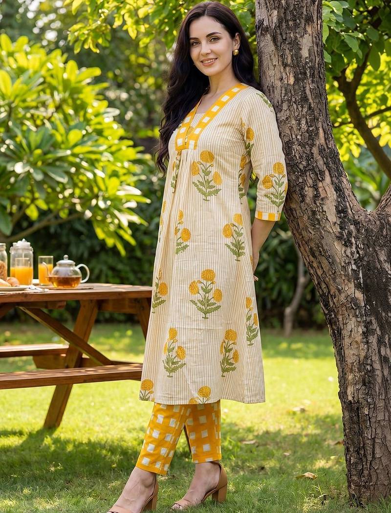 Women Floral Printed Regular Pure Cotton Kurta with Trousers